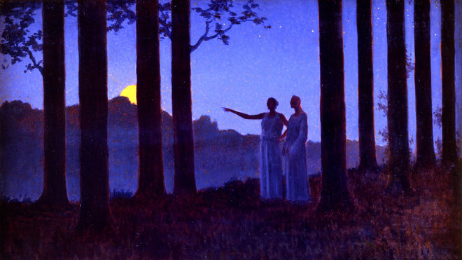 Dans l’exposition La Porte des Rêves, Un regard symboliste, Le Mystère de la nuit, 1897, Alphonse Osbert, collection privée.