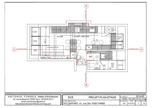 Plan projeté après les travaux: de nombreux rangements ont été aménagés, l’escalier d’accès à la mezzanine, discret et aérien, est visuellement intégré dans l’espace.