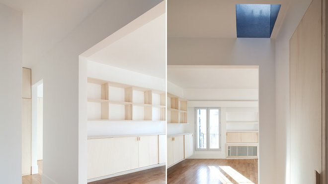 En complément, une lucarne, souvenir des parties communes préexistantes, projette une lumière zénithale au cœur de l’appartement. Le puits de lumière, couleur ardoise, ultime rappel des toits de Paris, ajoute encore une note de raffinement à l’ensemble.