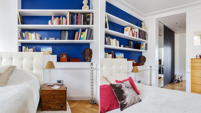 Dans la chambre parentale, on retrouve un effet de niche peinte en bleu qui met en valeur un renfoncement exploité en bibliothèque. Et la chambre des parents s’ouvre sur le dressing qui mène à la salle de bains. Dans la chambre parentale, on retrouve un effet de niche peinte en bleu qui met en valeur un renfoncement exploité en bibliothèque. Et la chambre des parents s’ouvre sur le dressing qui mène à la salle de bains.