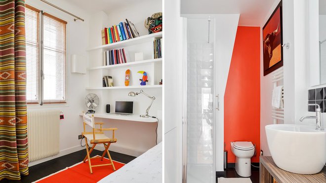 A gauche, dans cette chambre, une tablette murale a été adaptée en plan de travail pour offrir un coin bureau gain de place et conserver un dégagement devant la fenêtre. A droite, dans la salle de bains des deux grandes filles avec coin WC intégré, l’option douche a été choisie. A gauche, dans cette chambre, une tablette murale a été adaptée en plan de travail pour offrir un coin bureau gain de place et conserver un dégagement devant la fenêtre. A droite, dans la salle de bains des deux grandes filles avec coin WC intégré, l’option douche a été choisie.