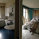 Avant les travaux : la cuisine existante avec une table de repas d’appoint et un décor d’un autre temps. Phase de destruction de la cuisine et la salle à manger pour créer deux chambres et une salle de bains pour deux sœurs. Avant les travaux : la cuisine existante avec une table de repas d’appoint et un décor d’un autre temps. Phase de destruction de la cuisine et la salle à manger pour créer deux chambres et une salle de bains pour deux sœurs.