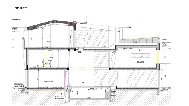 Plan de coupe de la maison : cette construction abrite une habitation sur deux étages (un séjour, une cuisine, trois chambres et deux salles de bains) et une agence d’architecture en rez-de-chaussée (un bureau et une salle de réunion).