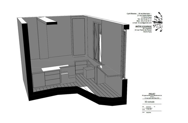 Plan estrade 3D. L’estrade, sculptée dans l’espace et à laquelle on accède par deux marches, offre, en partie basse, un espace de rangement.