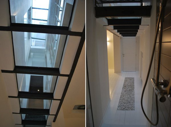 Les ouvertures et les jeux de transparence servent aussi d’éléments de liaisons entre les deux niveaux. La pièce d’eau et le jardin japonais ont été aménagés dans une ancienne cour.