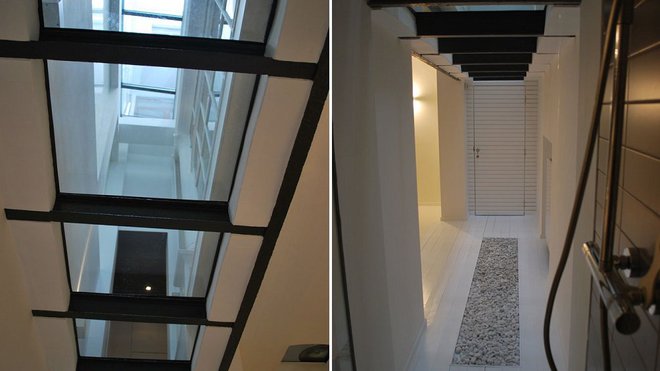 Les ouvertures et les jeux de transparence servent aussi d’éléments de liaisons entre les deux niveaux. La pièce d’eau et le jardin japonais ont été aménagés dans une ancienne cour.