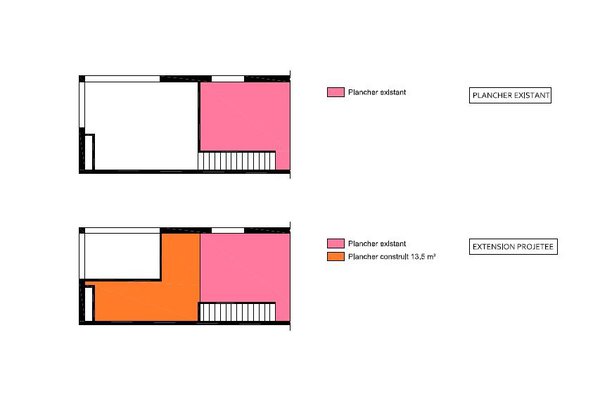 Schémas de principe de l'agrandissement du 4° étage. Mise en évidence de la réduction du vide sur séjour après transformation du second niveau d’habitation