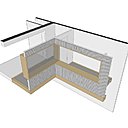 Vue du projet en éclaté. L’appartement de 120 m², à l’origine, a gagné exactement 13,5 m². Au second supérieur, il est composé de 3 chambres, dont une principale et d’une salle de bains. Au niveau inférieur, la pièce de vie est accompagnée d’une cuisine, d’une terrasse et d’une entrée.