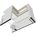 Vue du projet en sous-face. Mise en évidence du volume rajouté en forme de L, exploitant la hauteur de plafond de 6 mètres au total : il correspond au dressing avec dégagement (non vitré), accès à la chambre, lui-même agrandie avec baie vitrée plongeante sur le séjour salon. Son écriture originale évite l’écueil d’une mezzanine trop visible de l’espace inférieur.