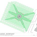 Plan du Parterre Ouest ou « Parterre de la Fontaine » avec ses 6 petits parterres rayonnants formant des pelouses bordées de roses arbustives entourant un cercle de rosiers pleureurs.