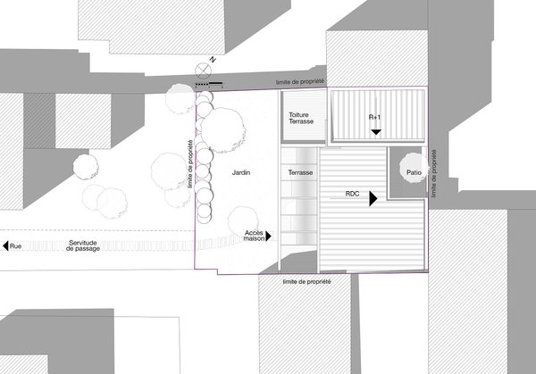 Plan de la parcelle: sur un petit terrain, situé en cœur d’îlot, la maison vient épouser les parcelles voisines au nord, à l'ouest et à l'est, afin de dégager tout le jardin vers le sud.