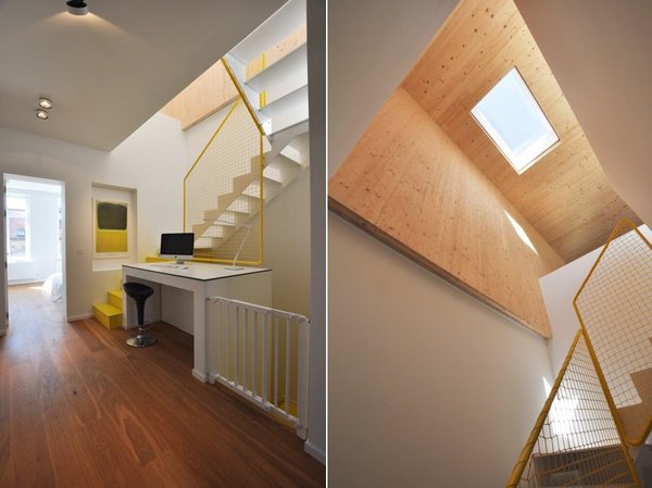 Un jaune couleur chantier type sécurité (RAL 1018) pour l’escalier et sa rampe de métal tubulaire réalisée sur mesure. Le garde-corps est protégé par un filet de sécurité nécessaire pour les enfants encore en bas âge. Le bureau, situé à une place stratégique, permet de travailler à la maison, tout en surveillant les enfants dans leur chambre ou la salle de jeux.