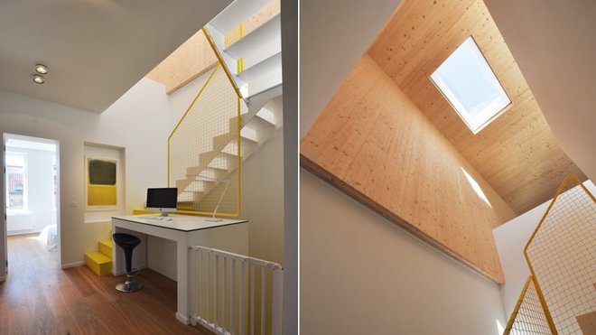 Un jaune couleur chantier type sécurité (RAL 1018) pour l’escalier et sa rampe de métal tubulaire réalisée sur mesure. Le garde-corps est protégé par un filet de sécurité nécessaire pour les enfants encore en bas âge. Le bureau, situé à une place stratégique, permet de travailler à la maison, tout en surveillant les enfants dans leur chambre ou la salle de jeux.