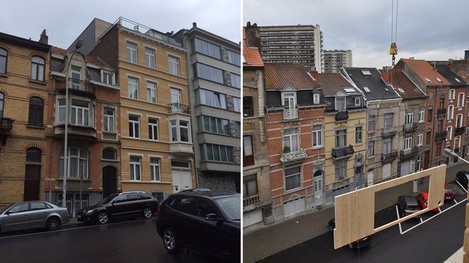A droite, la surélévation en retrait est quasi invisible de la rue. A gauche, première étape de la construction de l’extension avec élévation du panneau de façade à l’aide d’une grue.