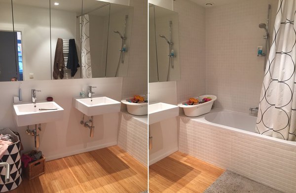 Les murs de la salle de bains sont revêtus d’une mosaïque en pâtes de verre et le sol d’un parquet en bambou imputrescible coloris caramel. Vernis et vitrifié, il est composé de petites lames et sections verticales étroites qui le rendent très solide.