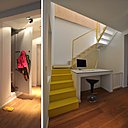 Dans l’entrée, la zone de rangement intègre aussi des espaces techniques pour la ventilation mécanique double flux. Elle épouse la cloison de la salle de bains. Dans le dégagement, un coin bureau a été aménagé pour éviter de créer un couloir.