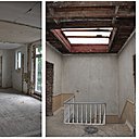 Avant les travaux : à droite, une partie du premier niveau d’habitation dans son état d’origine. Dans un premier temps, il sera aménagé en une grande pièce à vivre, puis en une chambre d’enfant et une salle de jeux cloisonnée. A gauche, l’escalier et sa trémie avant ouverture et construction de l’extension en toiture.