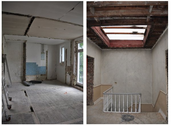 Avant les travaux : à droite, une partie du premier niveau d’habitation dans son état d’origine. Dans un premier temps, il sera aménagé en une grande pièce à vivre, puis en une chambre d’enfant et une salle de jeux cloisonnée. A gauche, l’escalier et sa trémie avant ouverture et construction de l’extension en toiture.