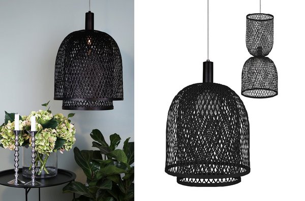 Deux versions. En rotin teinté noir, on peut superposer les deux abat-jours selon l’éclairage souhaité. Suspension Ruben, création Patrick Hall, 235 €, Globen Lighting, Lightonline.fr.