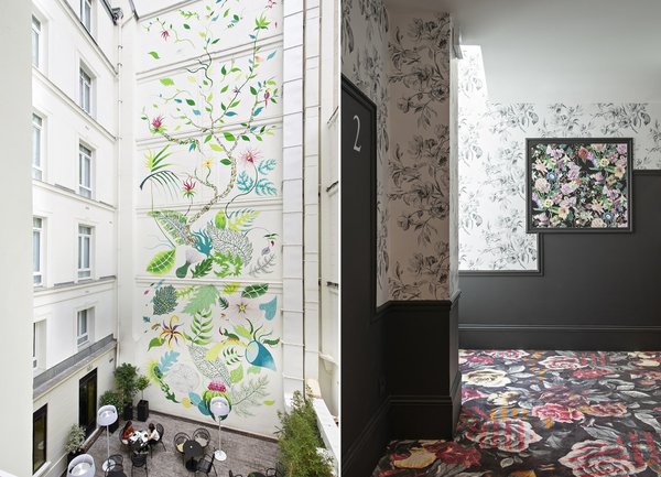 Les murs des zones de circulation comme le patio et les couloirs sont animés par des compositions florales toujours exprimées de façon graphique, sans effet de kitsch : à l’extérieur, une fresque géante de Gola Hundun et, à l’intérieur, des papiers-peints et une moquette imprimée redessinent les espaces communs.