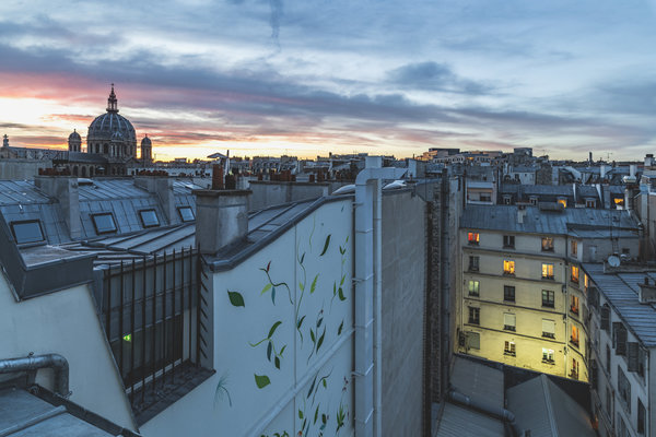 Côté rue, deux terrasses surplombent les toits de Paris et offrent un panorama d’exception sur le quartier avec les dômes des grands magasins, de l’Opéra, jusqu’à l’église de la Madeleine et à la Tour Eiffel qui fend le ciel de son pic majestueux. Tandis que dans la cour intérieure totalement végétalisée, le street artiste Gola Hundun a réalisé une fresque géante qui fleurit toute la façade.