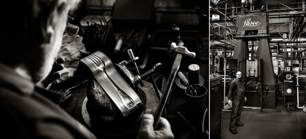 A gauche, dans l’atelier de gravure, étalon d’une matrice estampage de décor d’une fourchette. A droite, Denis Richard, le plus ancien employé de l’usine de Vire qui fabrique des couverts depuis 44 ans.