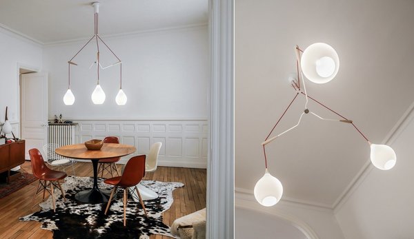 La Goutte 3 CM, référence n° 13. 330, un lustre composé d’une structure de fils, de bois et de métal à hauteur variable. Création Douglas Mont, 2016.