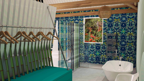 Le carrelage de la douche reprend les couleurs des madras et le papier-peint est une ode à la flore et la faune marine.