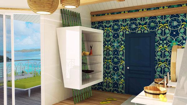 Les chambres façon suites sont dotées de balcons-terrasses avec vue sur la mer et d’un garde-corps en fer forgé reprenant le motif stylisé de la feuille de bananier.