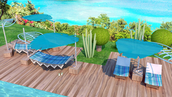 Près de la piscine, des transats et parasols qui prolongent le décor naturel.