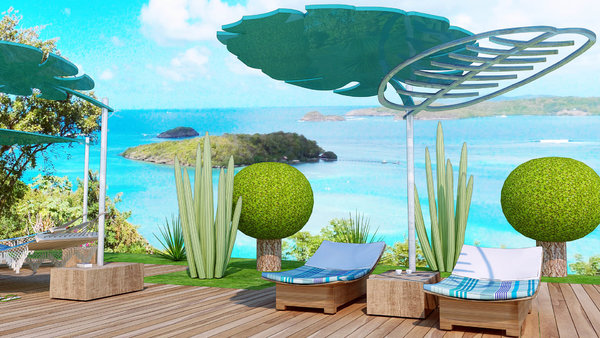 La végétation luxuriante des Antilles et ses arbres XXL a inspiré les dessins des parasols représentant des feuilles géantes.