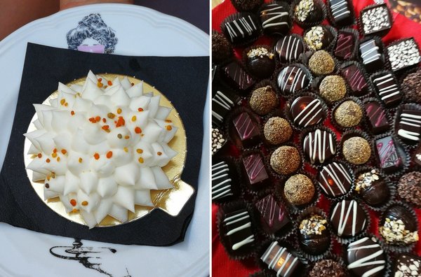 A gauche, un barba Cicak, un gâteau à la lavande, au romarin et à l’huile d’olive, sous un nuage de mascarpone au miel. A goûter sans faute ! A droite, les délicieux bonbons de chocolat de chez Nadalina.