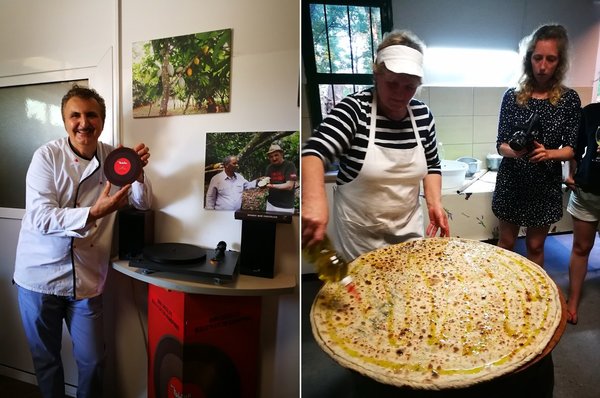 A gauche, le propriétaire, Marinko Biskic, un amoureux du rock et joueur de guitare, a même gravé ses albums sur un vinyle 100 % cacao. A droite, la Polcija dalmate, une grande tarte aux blettes, un vrai délice.