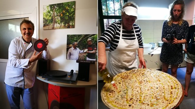 A gauche, le propriétaire, Marinko Biskic, un amoureux du rock et joueur de guitare, a même gravé ses albums sur un vinyle 100 % cacao. A droite, la Polcija dalmate, une grande tarte aux blettes, un vrai délice.