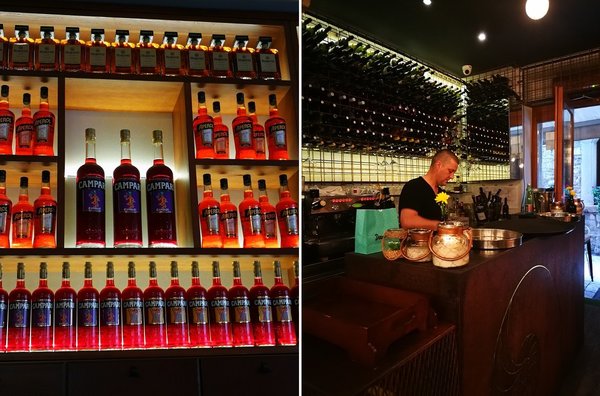 A gauche, la belle cave du restaurant un peu branché de Split, Bokeria Kitchen & Wine Bar, tenu par un frère et sa sœur. A droite, un aperçu de l’ambiance chez Mazzgoon.