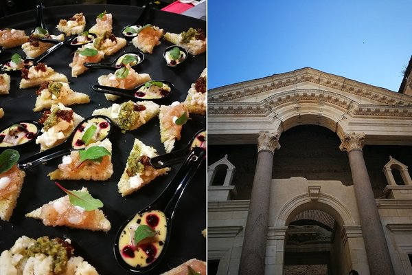 A gauche, les succulents tapas avec des tartares de crevettes et des ceviches de loup de Mazzgoon. A droite, une vue du Palais Dioclétien à Split.
