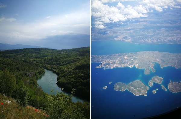 A gauche, une vue de la campagne derrière Split. A droite, une vue aérienne de l’arrivée sur Split.