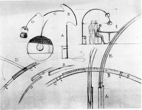 Croquis pour la création du lampadaire Arco qui explique sa fonctionnalité et sa polyvalence. Avec sa tige plongeante, il permet d’éclairer un coin salon, séjour et salle à manger, sans gêner ses occupants.