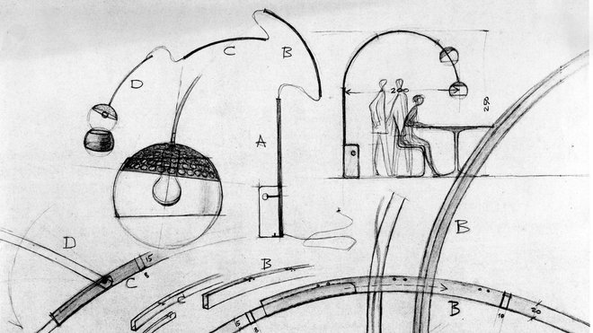 Croquis pour la création du lampadaire Arco qui explique sa fonctionnalité et sa polyvalence. Avec sa tige plongeante, il permet d’éclairer un coin salon, séjour et salle à manger, sans gêner ses occupants.