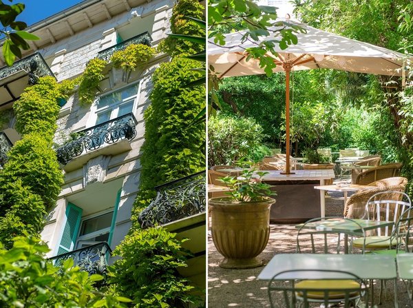 A gauche, la façade de l’Hôtel Windsor dans le quartier. A droite, un aperçu du ravissant jardin exotique, très dépaysant.