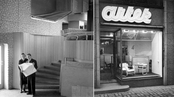 Un couple complice et une œuvre fusionnelle : Aino et Alvar Aalto ont collaboré jusqu’à la mort prématurée d’Aino. Ici, à New-York, au printemps 1939, lors de la construction du pavillon finlandais à l’exposition internationale de New-York conçu par Aino et Alvar. Et, en 1939, la devanture du premier magasin Artek ouvert à Helsinski, en 1936, qui s’accompagnait d’un bureau d’études et d’une galerie d’art contemporain.