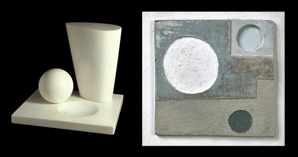 Un couple en accord et des œuvres personnelles en résonance : Barbara Hepworth et Ben Nicholson se sont acheminés tous les deux vers l’abstraction et ont échangé leurs disciplines pour mieux se comprendre. Sphere and Hollow III, Barbara Hepworth Conoid, 1937.