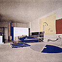 Un couple caché et une œuvre féministe : habitation E 1027, combinaison des noms et prénoms des deux architectes : E pour Eileen, 10 pour le J de Jean, dixième lettre de l’alphabet, 2 pour le B de Badovici et 7 pour le G de Gray. Intérieur du living-room, publié dans Eileen Gray et Jean Badovici, E 1017.