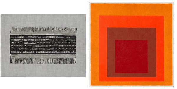 Un couple miroir et une œuvre qui dialogue : le travail textile d’Annelise (Fleischmann) Albers répond à la composition géométrique de Josef Albers.