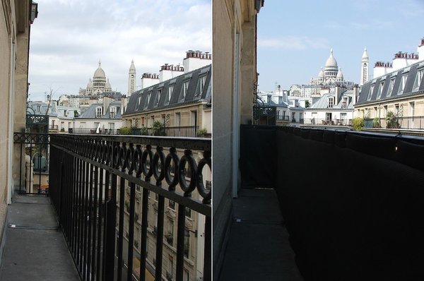 A gauche, le bacon avant la pose du brise-vue avec sa remarquable vue sur la basilique de Montmartre. A droite, une fois le brise-vue installé sur balcon. Remarquez les points d’accrochage et les œillets de fixation.