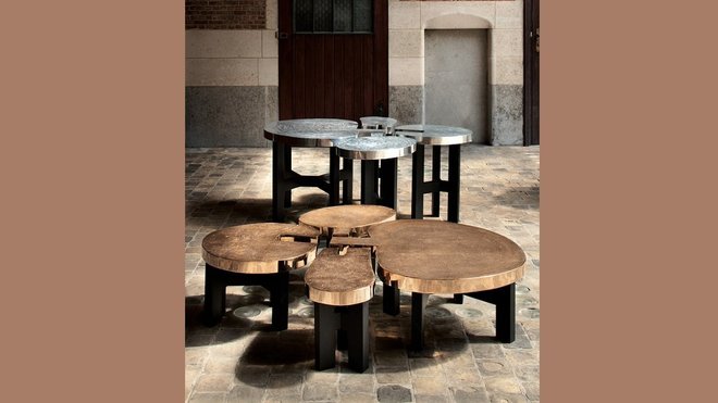 Tables Joséphine en bronze et aluminium moulé, créées en 2013, en hommage à la mère d’Ado Chale. Première édition limitée de 50 pièces.