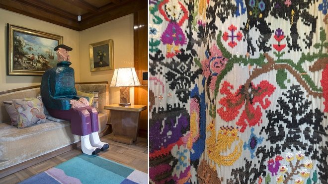 A gauche, une sculpture de Gijs Milius s’invite au salon. A droite, un détail des rideaux brodés au point de croix dont les personnages des motifs font écho à la sculpture de Gijs Milius.