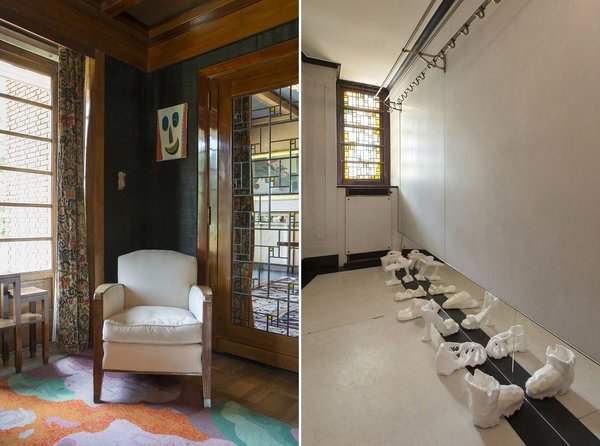 A gauche, en hommage au sourire de La Penseuse, le tableau volé de Kees Van Dongen, une œuvre de Carole Vanderlingen. A droite, chaussures « Fétiches » de Sarah Caillard investissant le vestiaire.