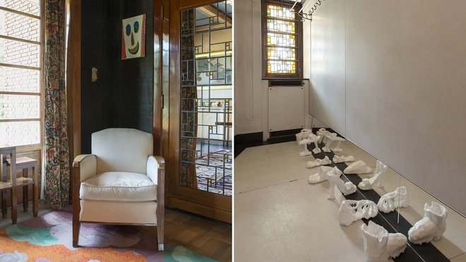 A gauche, en hommage au sourire de La Penseuse, le tableau volé de Kees Van Dongen, une œuvre de Carole Vanderlingen. A droite, chaussures « Fétiches » de Sarah Caillard investissant le vestiaire.