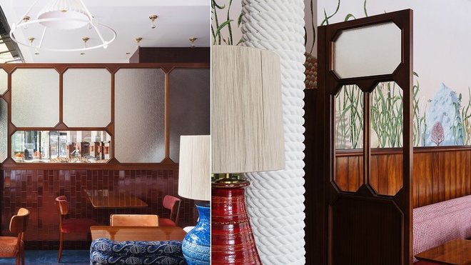 Décor et suspensions lumineuse en staff de Jérémy Pousse. Portes en acajou fabriquées par l’atelier d’ébéniste Lacombe.